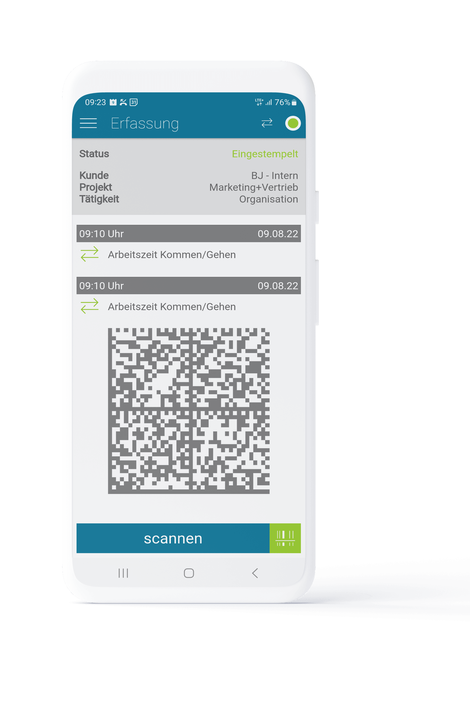 Device Smartphone mit Screenshot der Zeiterfassung per Barcode in der askDANTE Barcode Scanner-App.