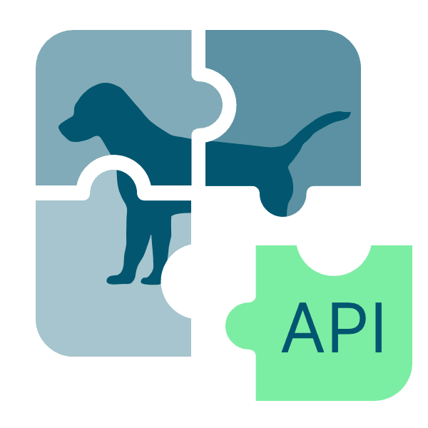 Illustration eines vierteiligen Puzzle-Bildes mit askDANTE Hund als Aufdruck. Ein Puzzlestück davon, das sich mit Puzzle-Bild zusammenfügt, trägt den Aufdruck API.