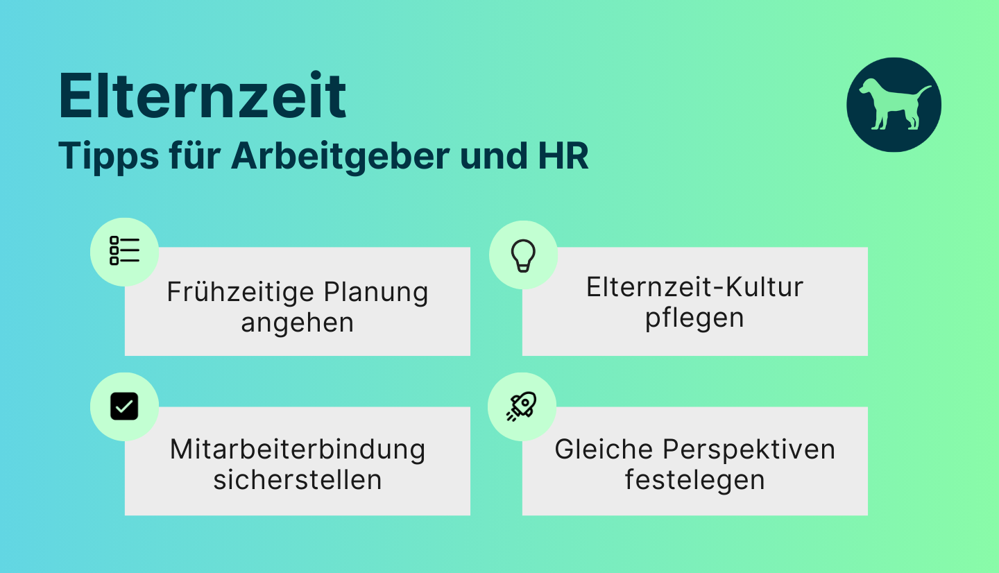 Infografik zeigt vier zentrale Tipps für Arbeitgeber und HR zur Organisation der Elternzeit im Unternehmen.Infografik zeigt vier zentrale Tipps für Arbeitgeber und HR zur Organisation der Elternzeit im Unternehmen.