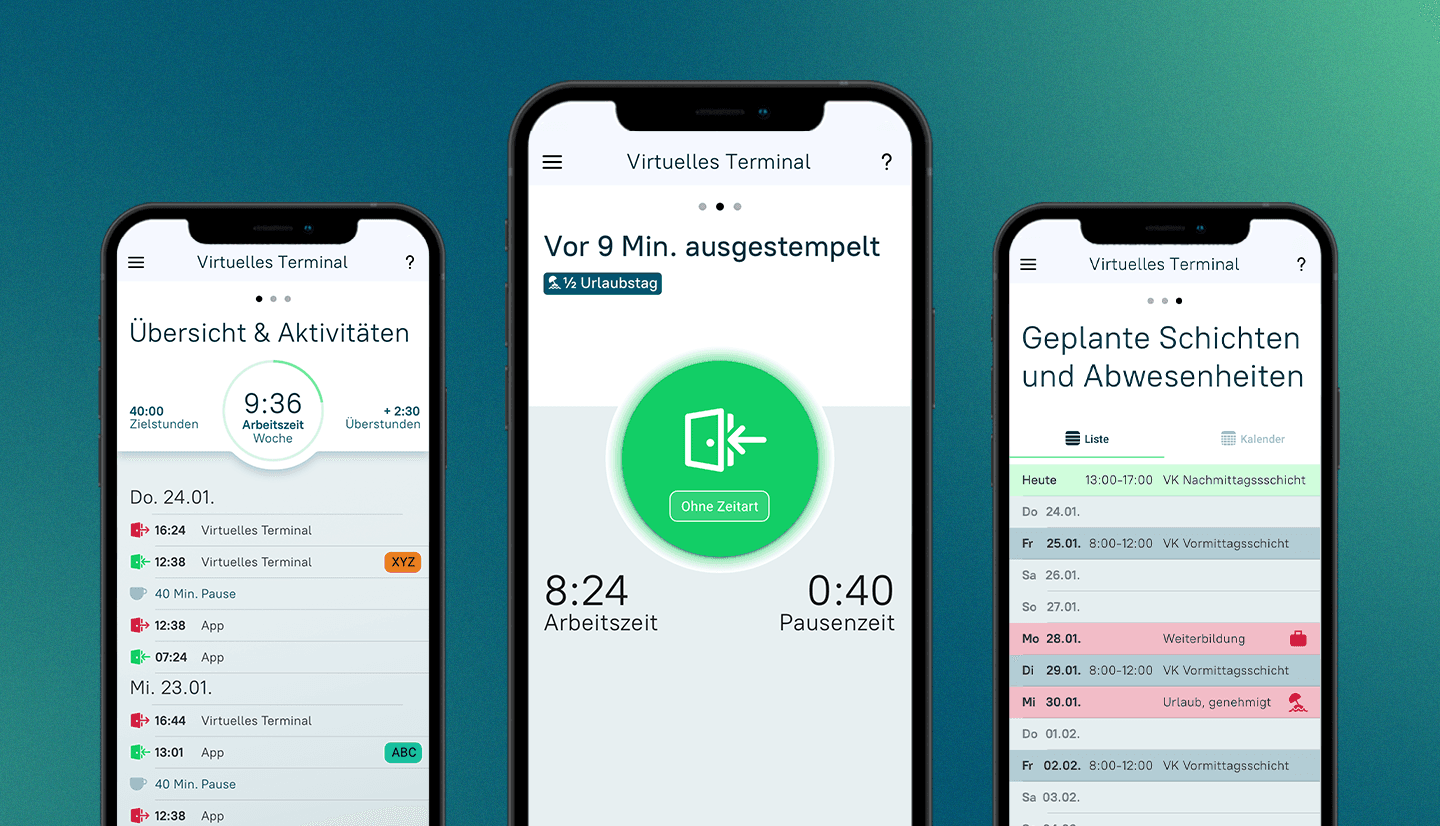 Grafik zeigt drei Smartphones mit unterschiedlichen Screenshots aus der neuen askDANTE App. Mit Übersicht virtuelles Terminal, erfasste Arbeitszeiten und Schichteinteilung.