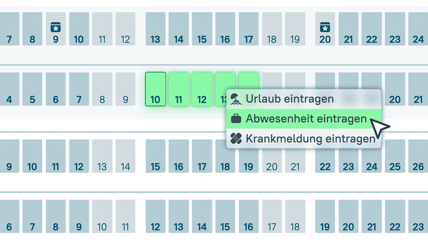 Grafik zeigt einen Screenshot aus dem askDANTE Jahreskalender und der Option, Abwesenheiten zu bearbeiten.