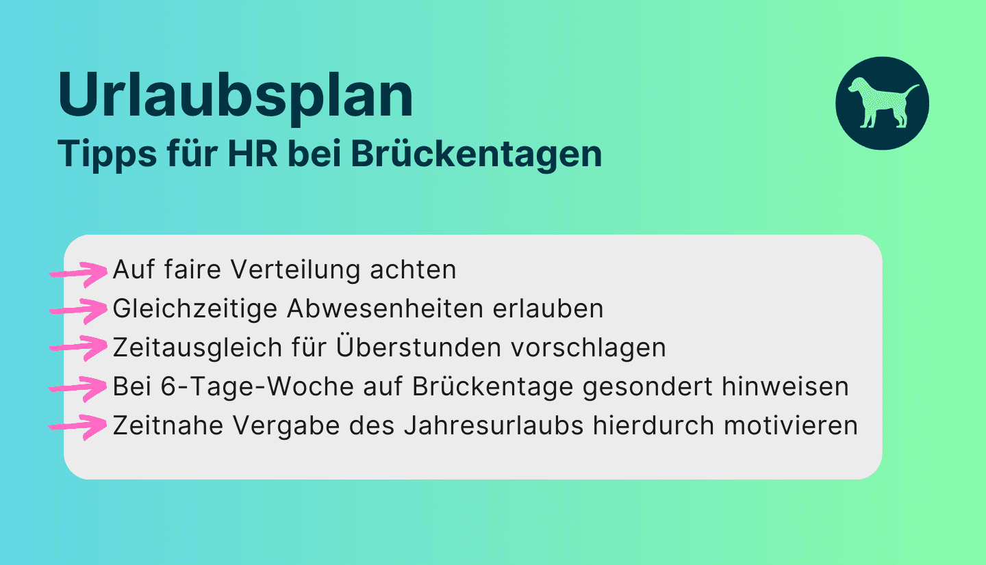 Infografik zeigt 5 zentrale Tipps für HR in Unternehmen, auf die bei der Vergabe von Brückentagen beim Urlaubsplan 2024 zu achten ist.