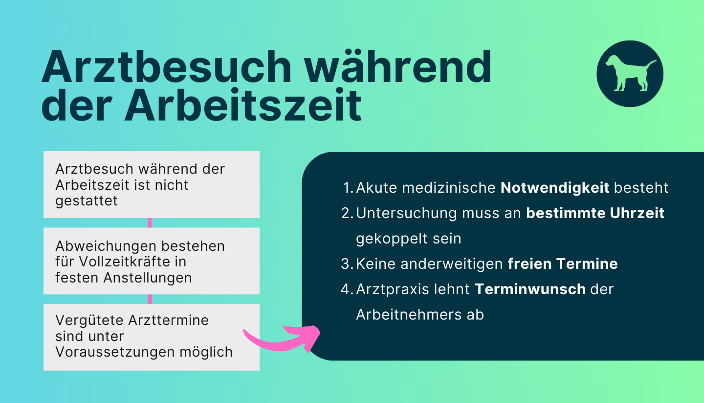 Infografik zeigt eine Übersicht über den Arztbesuch während der Arbeitszeit. Mit Grundregelungen und Bedingungen, wann eine Vergütung des Arztbesuches gestattet ist.