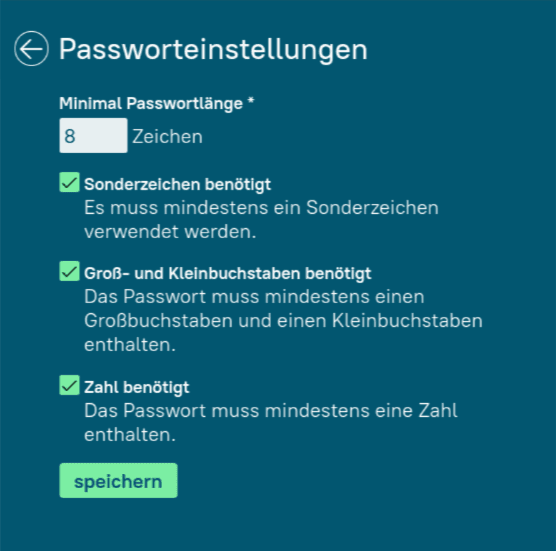 Screenshot zeigt die möglichen Passworteinstellungen in askDANTE.