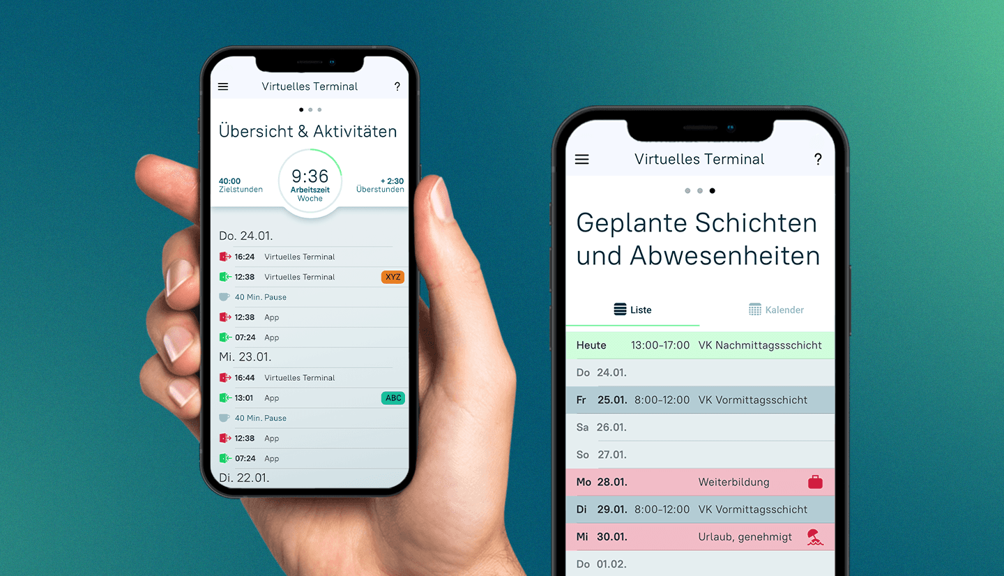 Grafik zeigt Screenshots geplanter Schichten und von Abwesenheiten aus der neuen askDANTE App auf zwei Smartphones. Hellblauer Hintergrund.