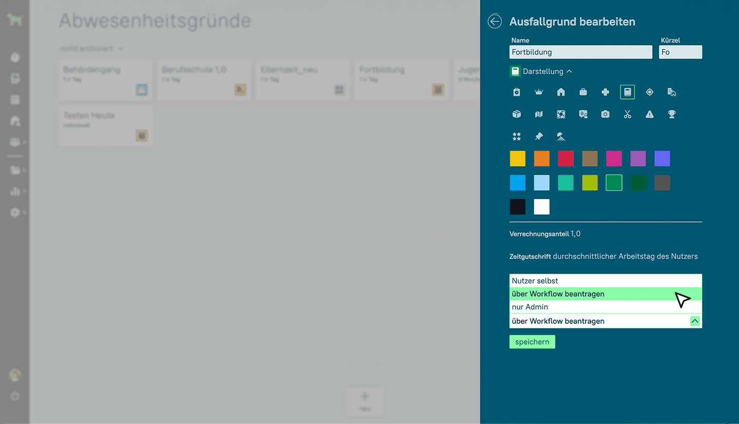 Grafik mit Screenshot aus dem Bereich Ausfallgründe bearbeiten mit der Möglichkeit individuelle Farben, Icons und Kürzel einzustellen.