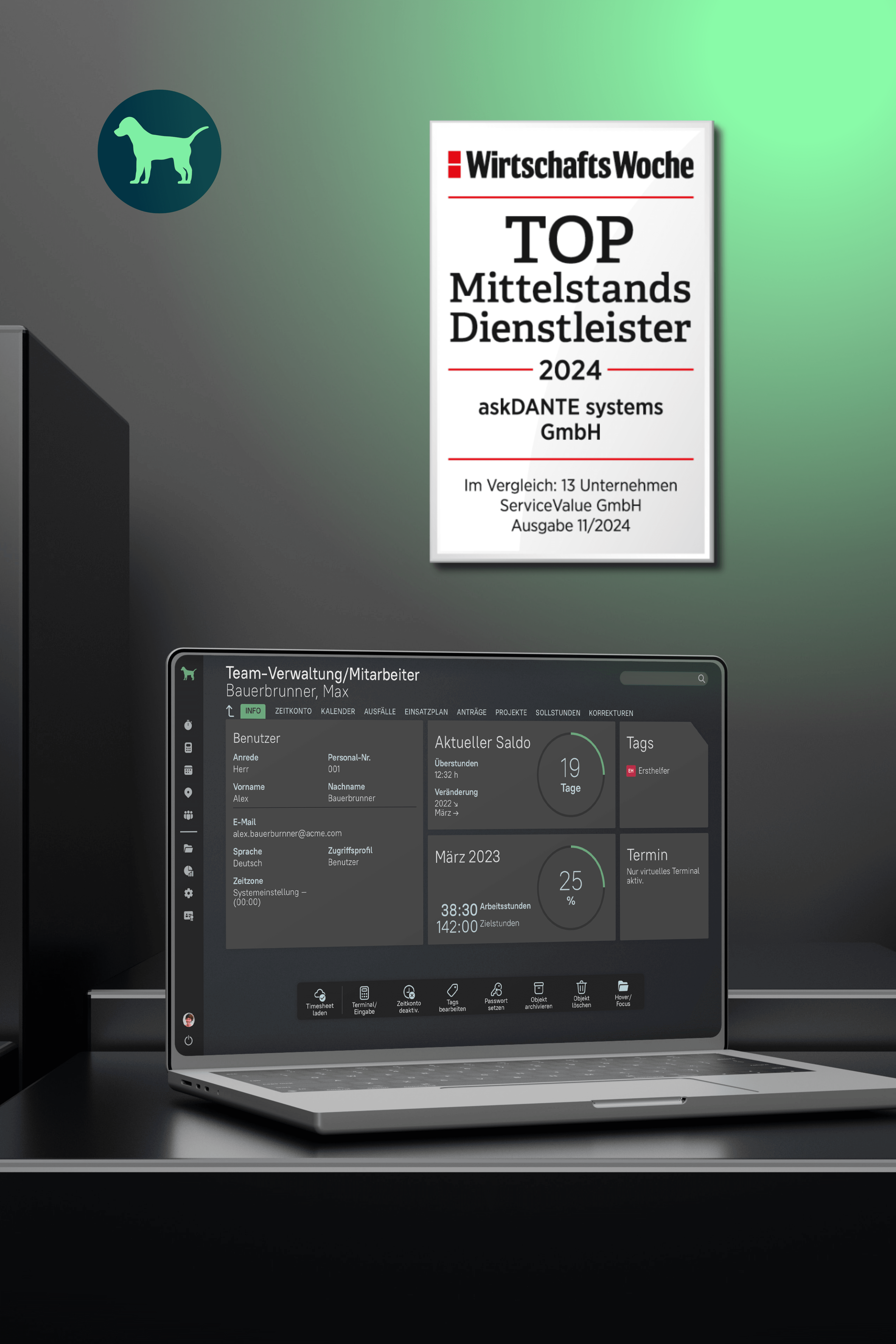 Bild zeigt das Zeitkonto von askDANTE auf einem offenen Laptop. Über diesem befindet sich das Siegel der WirtschaftsWoche für die beste Software für den Mittelstand in der Kategorie Zeiterfassungstools.