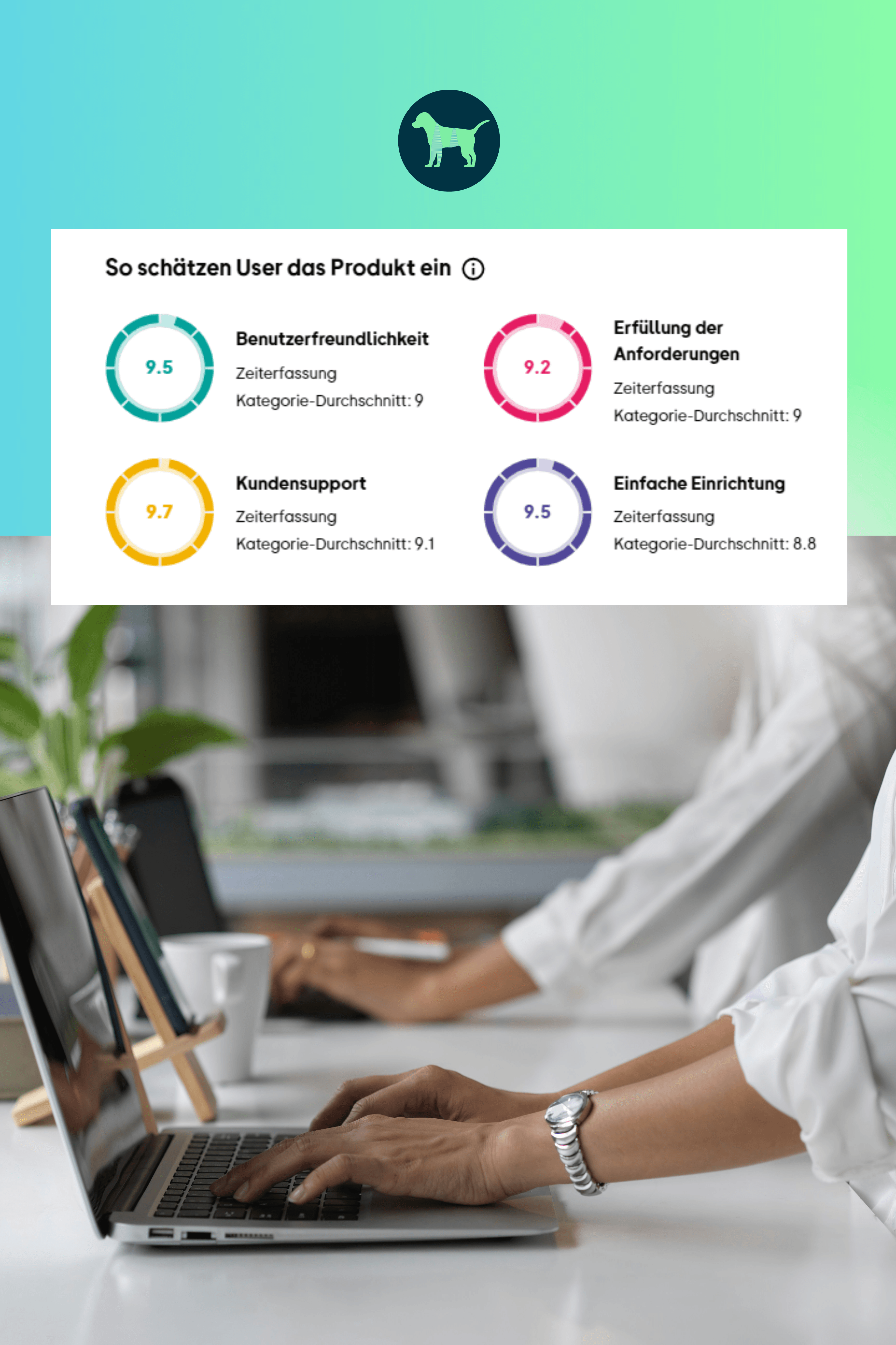 Bild zeigt Hände, die am Laptop mit askDANTE arbeiten. Oberhalb ist eine zweite Zusatzgrafik gesetzt mit den Produktbewertungen von askDANTE in den Rubriken Benutzerfreundlichkeit, Kundensupport usw.