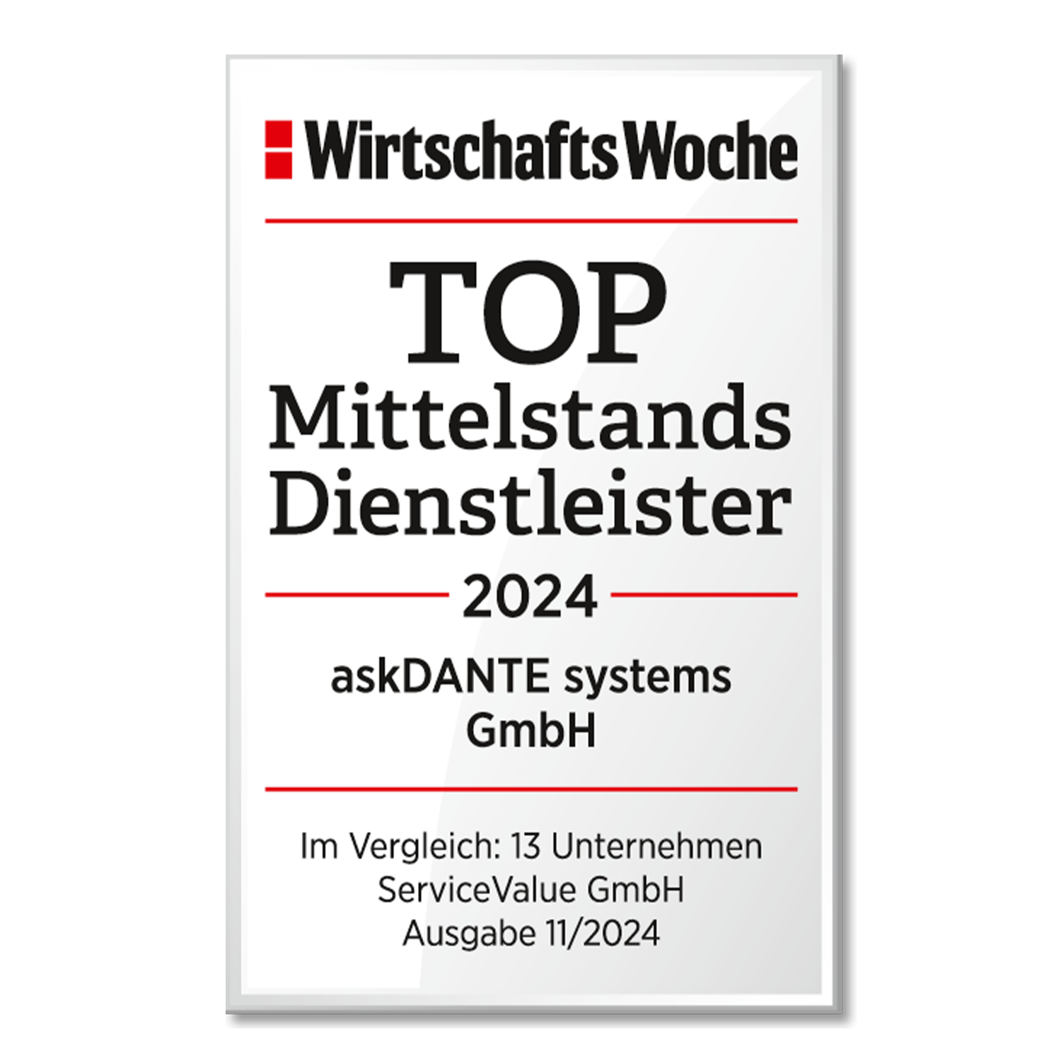 Siegel von der WirtschaftWoche (WiWo) mit der Auszeichnung für die askDANTE systems GmbH: Top Mittelstandsdienstleister 2024. 