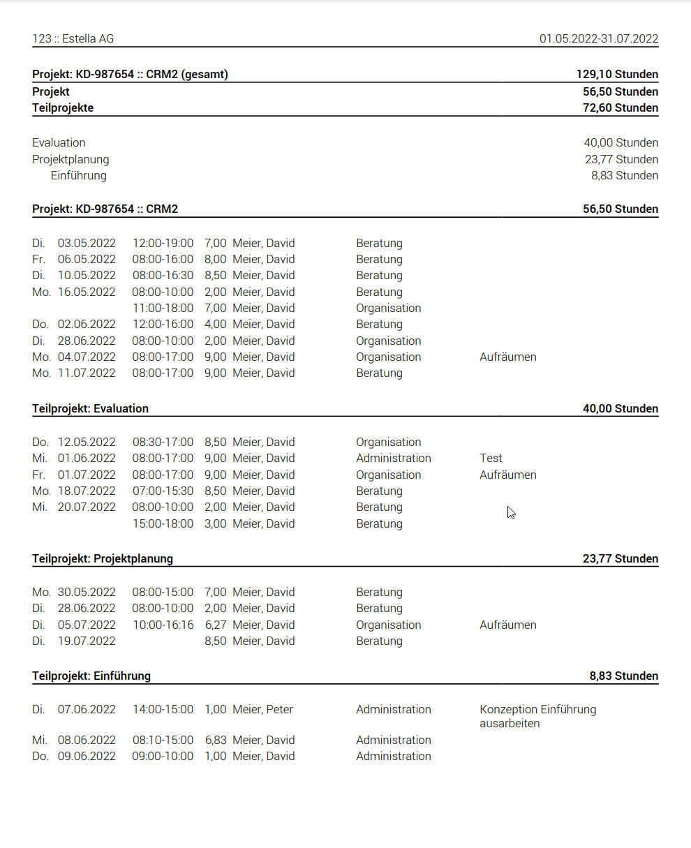 Timesheet mit erfassten Projektzeiten aus der Zeiterfassung Projekte in askDANTE.