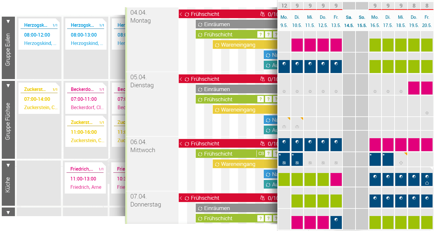 Screenshot mehrerer Ansichten des askDANTE Dienstplan online: Schichtplan, Bereichsplan, Einsatzplan.
