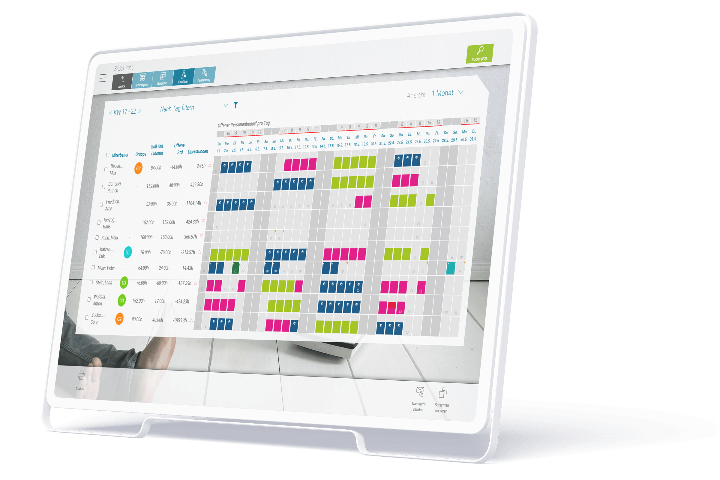 Monitor-Device zeigt Ansicht einer online Schichtplanung in askDANTE.
