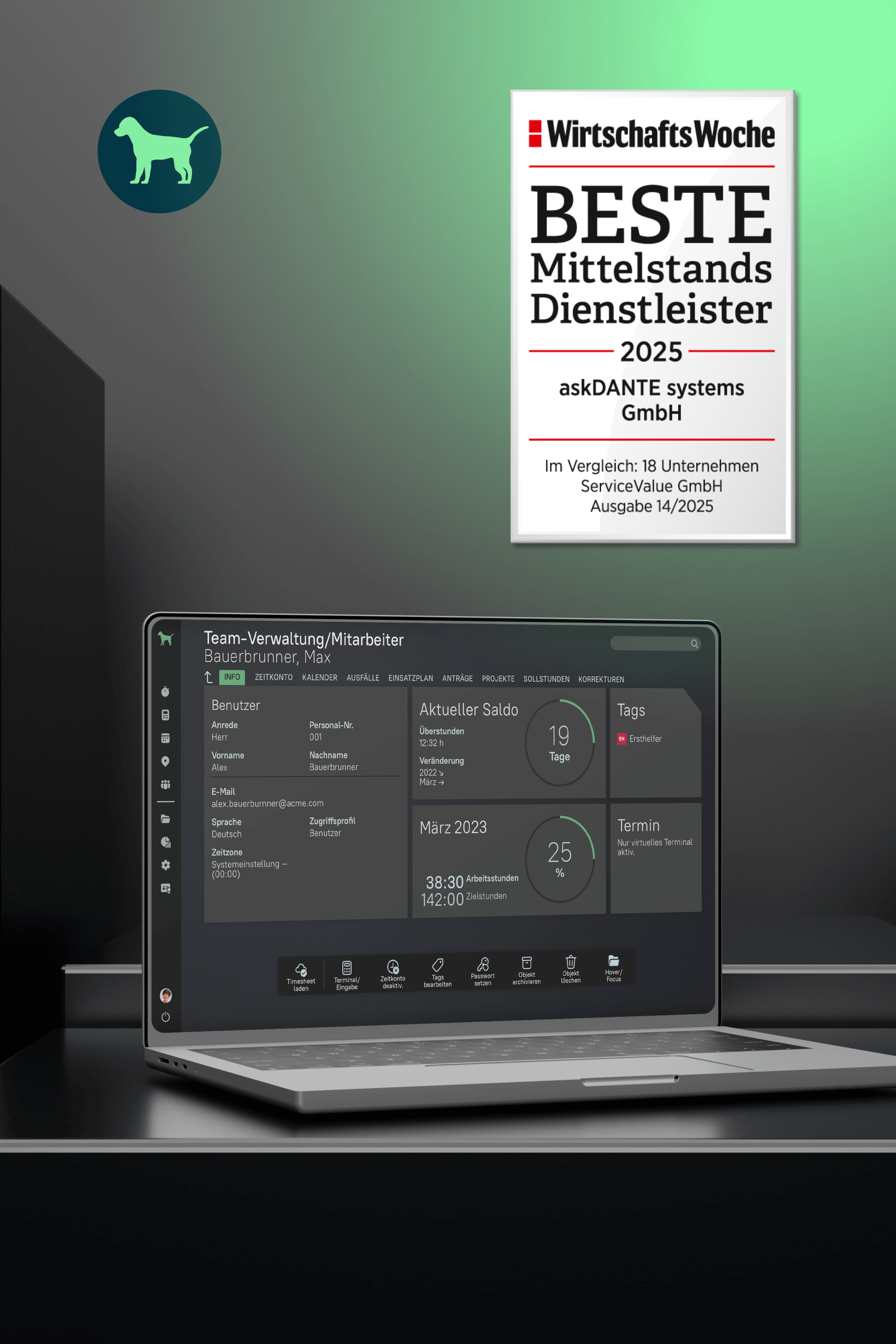Bild zeigt das Zeitkonto von askDANTE auf einem offenen Laptop. Ăśber diesem befindet sich das Siegel der WirtschaftsWoche fĂĽr die beliebte Software fĂĽr den Mittelstand in der Kategorie Zeiterfassungstools.