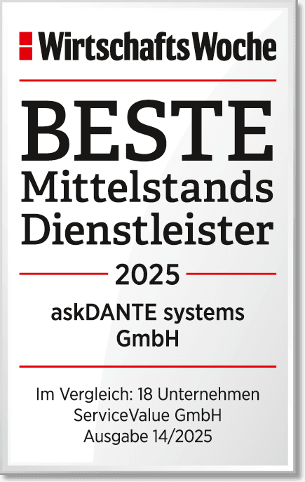 Siegel von der WirtschaftWoche (WiWo) mit der Auszeichnung für die askDANTE systems GmbH: Top Mittelstandsdienstleister 2025.