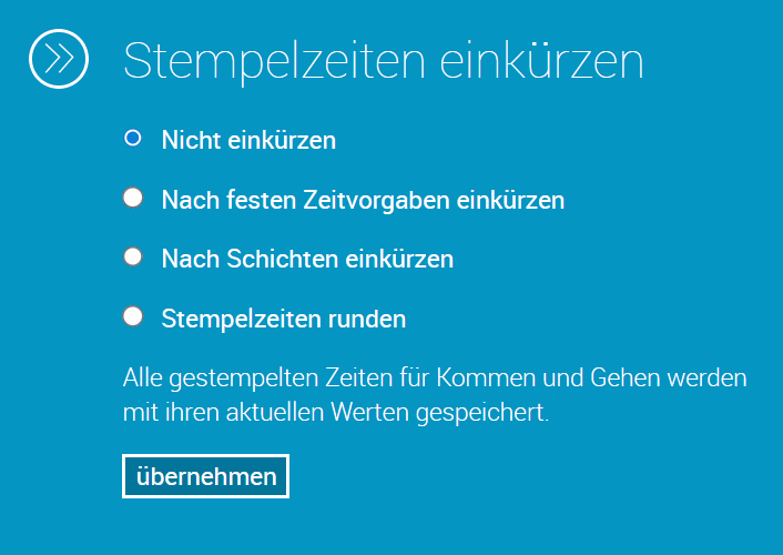 Screenshot zeigt die Funktion Stempelzeiten einkürzen in askDANTE.