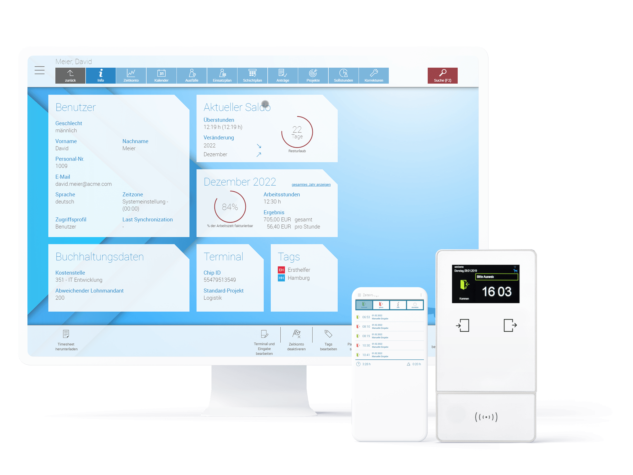 Device-Zusammenstellung zum Thema Zeiterfassung, die askDANTE Arbeitszeitkonto und virtuelles Terminal auf Monitor, Smartphone und Terminal zeigt. 