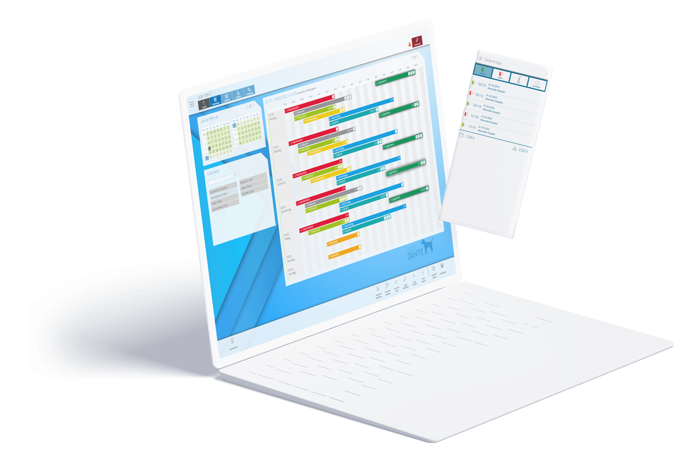 Device mit Screenshot Dienstplan und virtuelles Terminal auf Notebook und Smartphone.