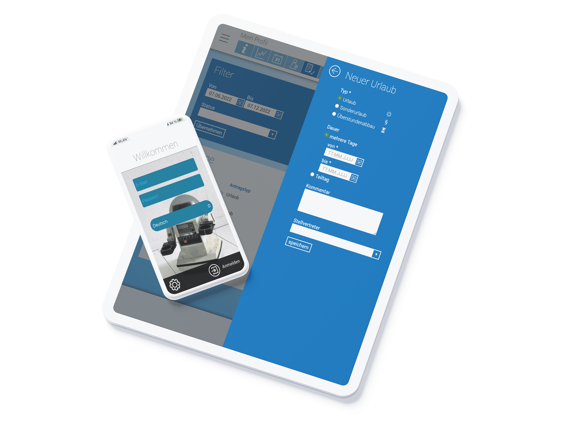 Device mit Screenshot von askDANTE Login Maske und Dialogfeld neuer Urlaub auf iPhone und Tablet.